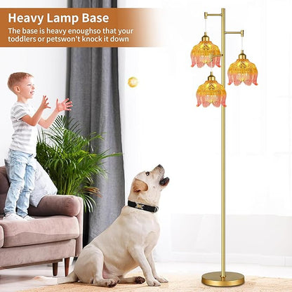 Glass Floor Lamp for Living Room,Bedroom,Gold Mid Century Modern Standing Lamp Brass Tree 3 Light Tall Floor Lamps Vintage Retro Floor Lights Flower Lamp Shade Farmhouse Boho Bohemian