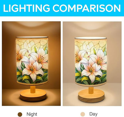 Lilies Table Lamp LED 3-Color Pressed Bedside, Lilies Shade Lamp with Wood Base for Bedroom Living Room Desk Office TL01