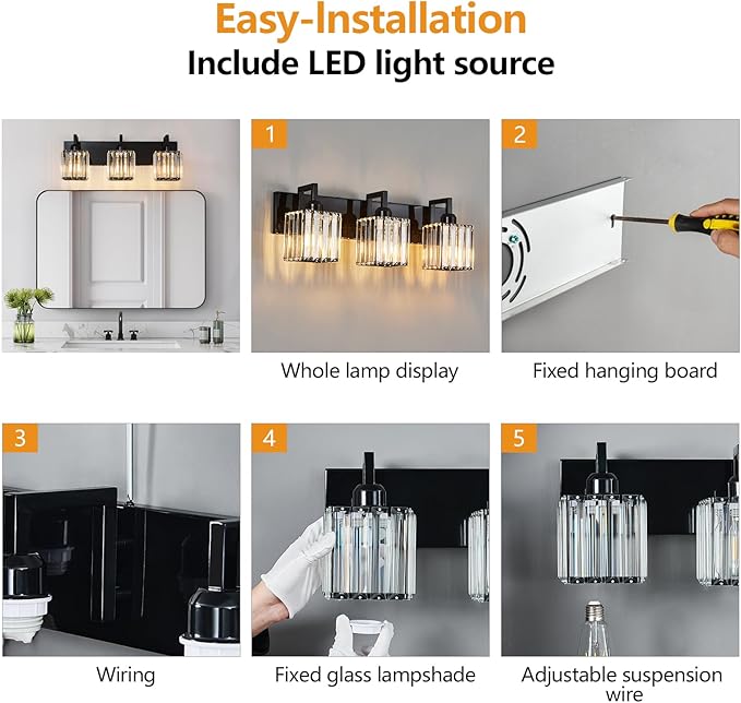 Modern Bathroom Vanity Light 3-Lights Plating Black Vanity Light Crystal Wall Light Bathroom Light Fixtures