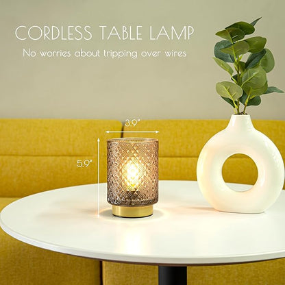 Battery Operated Lamp with Timer, Small Vintage Table Lamp, Glass Cordless Lamps Bedside Battery Lamp for Living Room, Entryway, Shelf Decor Diamond Design-Amber