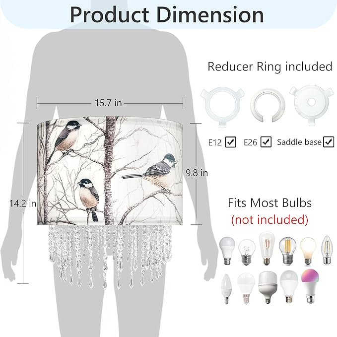 Winter Bird Tree Lamp Shade with Acrylic Bead Droplets, Blue Jay Fabric Light Shade for Pendant Table & Floor Lamp, Nature Gift for Bird lover or Garden Women, 15.7in