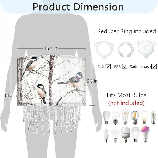 Winter Bird Tree Lamp Shade with Acrylic Bead Droplets, Blue Jay Fabric Light Shade for Pendant Table & Floor Lamp, Nature Gift for Bird lover or Garden Women, 15.7in