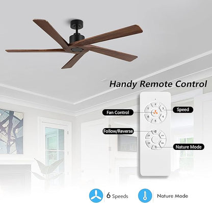 WINGBO 64 Inch DC Ceiling Fan without Lights, 5 Reversible Carved Solid Wood Blades, 6-Speed Noiseless DC Motor, Ceiling Fan No Light with Remote, Matte Black Finish with Walnut Blades, ETL Listed