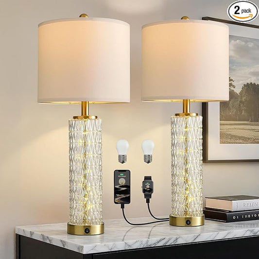 Oneach 27.75” Table Lamps Set of 2, Gold Modern Bedside Lamp with LED Night Light, USB A+C, Glass Lamps for Living Room, Bedroom, Nightstand, Office, End Table (2 Bulbs Included)
