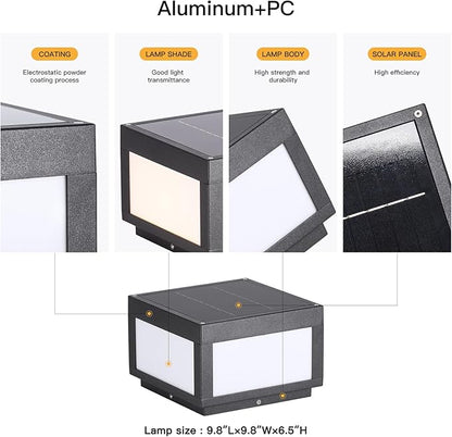 Solar Post Lights, 9.8" Modern Pillar Lights Outdoor, Dusk to Dawn Column Light Waterproof, 3000K Square Lamp Fence Posts Cap LED Light Landscape Lighting for Patio Garden Deck Outside Columns