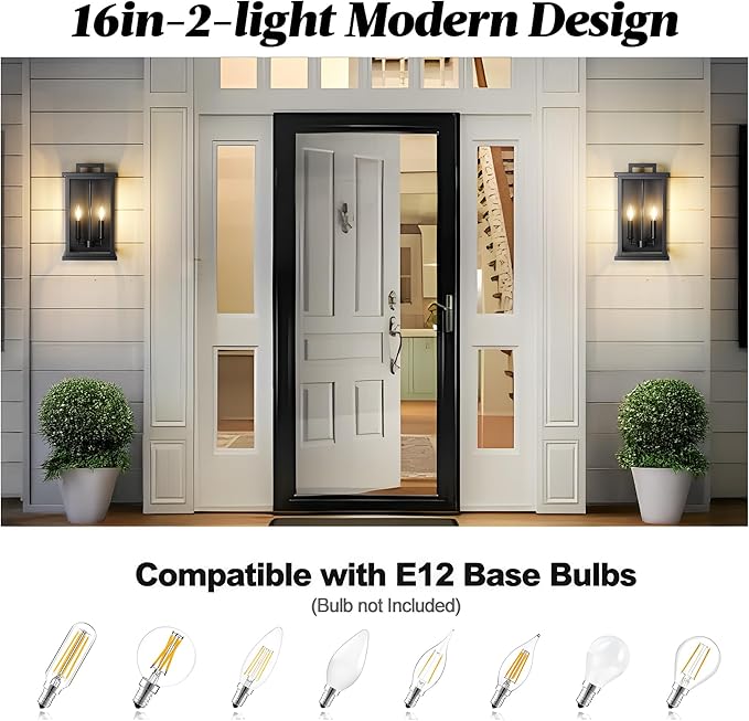 Large Outdoor Lights For House,Modern Exterior Lighting Fixtures,Black Outdoor Wall Lantern Sconce,2-Light Front Porch Garage Hallway Wall Mount Light With Thick Glass Shades Waterproof 2 Pack