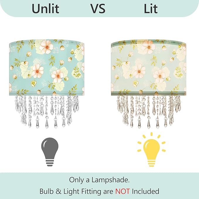 Spring Flower Lamp Shade with Acrylic Bead Droplets, Teal Wild Floral Fabric Light Shade for Pendant Table & Floor Lamps, Nature Decor for Garden Women, 11.8in