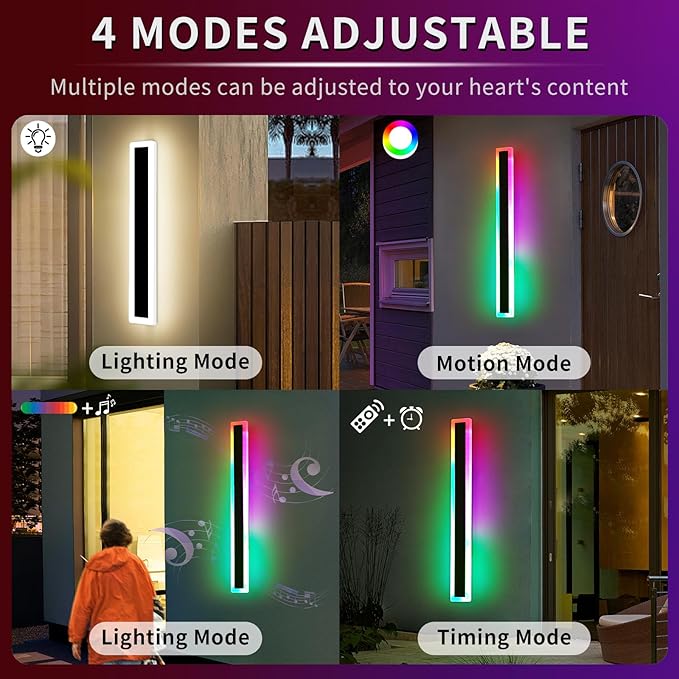 Mikeru 2pack 47.2inch Long LED Wall Light Fixtures, RGB Modern Outdoor Wall Sconce 10%-100% Dimmable Smart Outdoor Light Fixtures Wall Mount Featuring Multiple Modes and 12 Colors for Patio Entryway