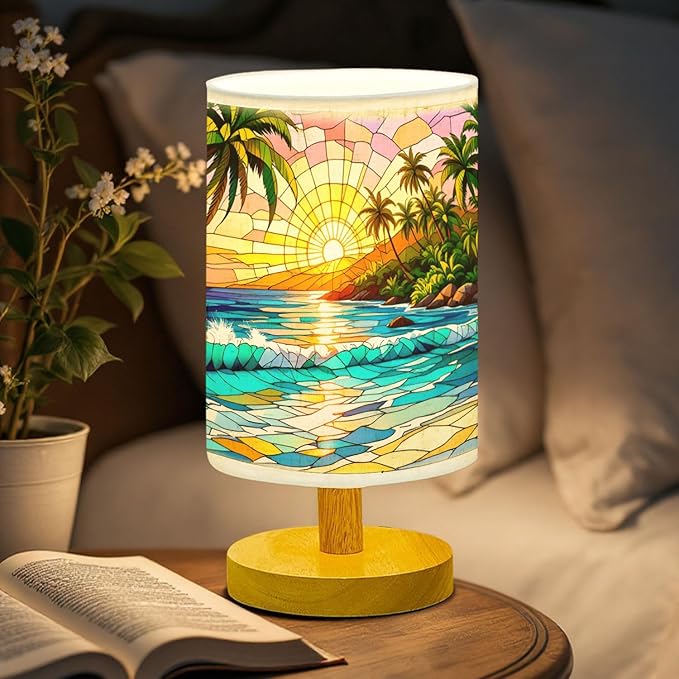 Tropical Island and Blue Ocean Table Lamp LED 3-Color Pressed Bedside, Tropical Island and Blue Ocean Shade Lamp with Wood Base for Bedroom Living Room Desk Office TL01