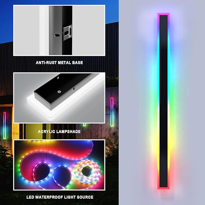 2PCS 40" RGBW LED Long Wall Light Outdoor, Black Led Wall Sconces, IP66 Waterproof Wall Lighting, Exterior Light Fixtures Wall Mount, APP Control for Outdoor/Indoor Party Gathering