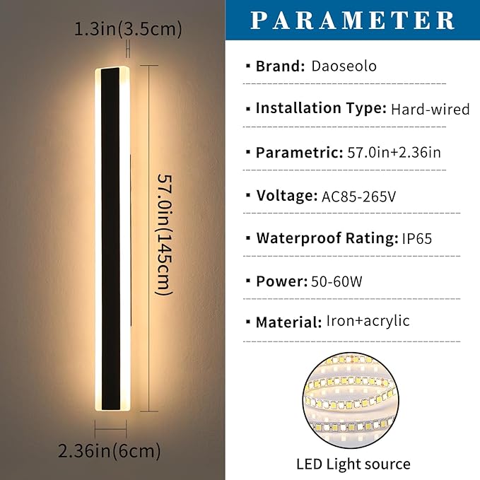 2 Pack Modern Outdoor Wall Light, 57inch Dimmable LED Linear Wall Sconce 3000K-6000K, IP65 Waterproof, Exterior Wall Mount Lighting for Porch, Patio, Yard, Garage with Remote Control