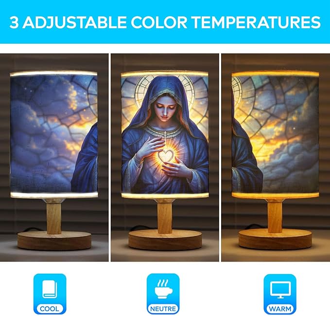 Our Lady of Sorrows Table Lamp LED 3-Color Pressed Bedside, Our Lady of Sorrows Shade Lamp with Wood Base for Bedroom Living Room Desk Office TL01
