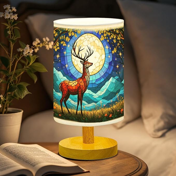 Deer Table Lamp LED 3-Color Pressed Bedside, Deer Shade Lamp with Wood Base for Bedroom Living Room Desk Office TL01
