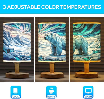 Polar Bear Table Lamp LED 3-Color Pressed Bedside, Polar Bear Shade Lamp with Wood Base for Bedroom Living Room Desk Office TL01