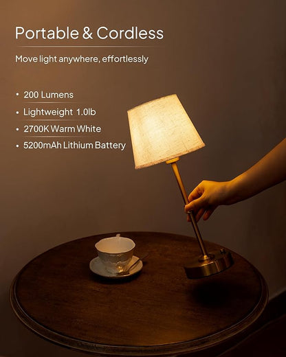 EppieBasic Cordless Table Lamp Rechargeable: Fast Charging & Long Lasting - 2700K Warm Light Vintage Gold Lamps - Dinning Living Room Bedroom - Linen Shade