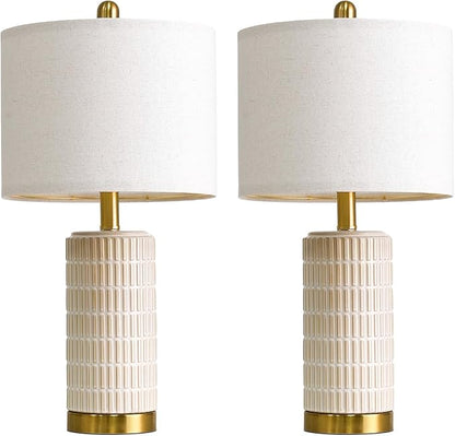 PoKat Small Bedside Table Lamps with USB Ports for Bedroom, 21.5'' White Nightstand Lamps for Night Stands, Modern Ceramic Bedroom Lamps for Living Room End Table, White and Beige