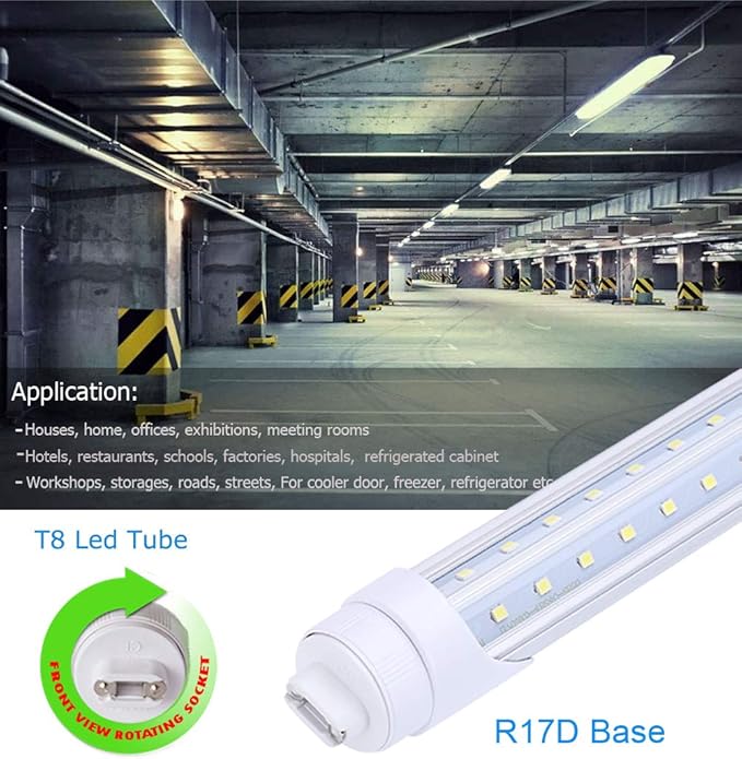 R17d 8FT LED Tube Light Bulbs 65W，270 Degree V Shaped LED Chip Bulbs,T8 6000K Cool White,Clear Cover,85V-265V, Dual-Ended Powered, Rotatable HO Base (Pack of 25)