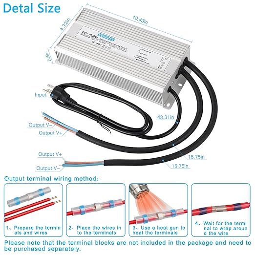 LED Driver 24V1000W Waterproof Power Supply AC95-132V to DC24V41.6A Low Voltage DC Transformer IP67 with 3-pin US Plug Suitable for Indoor and Outdoor LED Lighting and Any 24V DC Devices