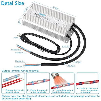 LED Driver 24V1000W Waterproof Power Supply AC95-132V to DC24V41.6A Low Voltage DC Transformer IP67 with 3-pin US Plug Suitable for Indoor and Outdoor LED Lighting and Any 24V DC Devices