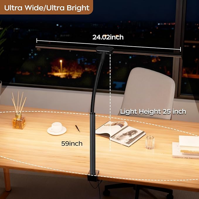 LED Desk Lamp with Clamp, Double Head Adjustable Architect Light, Eye-Caring Monitor Desk Lamp for Home Office, Flexible Gooseneck Task Lamp with 10 Brightness Levels & 5 Color Temperature Modes Black