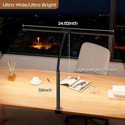 LED Desk Lamp with Clamp, Double Head Adjustable Architect Light, Eye-Caring Monitor Desk Lamp for Home Office, Flexible Gooseneck Task Lamp with 10 Brightness Levels & 5 Color Temperature Modes Black