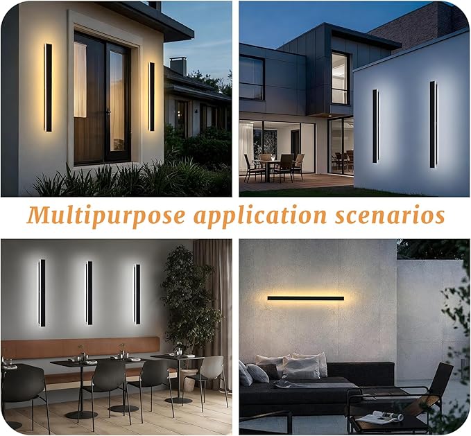 2pcs Modern Long Outdoor Wall Light 47.2in Black Exterior Wall Lighting IP65 Waterproof Garage Outdoor Wall Sconce 3000K-6000K Dimmable LED Lights Linear Wall Light for House Porch Patio