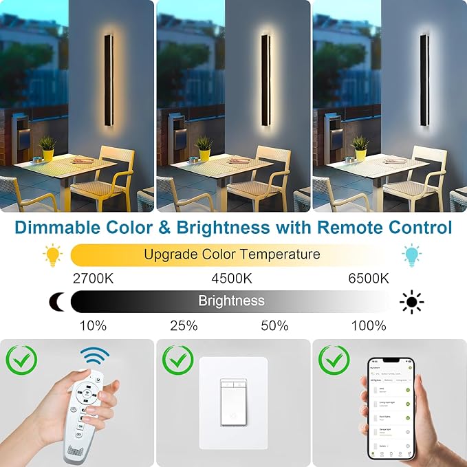 2 Pack 24" Modern Outdoor Wall Lights, 2700k-6500k Dimmable Long Wall Mounted Light LED Black Porch Light Linear Outdoor Wall Sconce IP65 Waterproof Slender Exterior Lights for House Garage