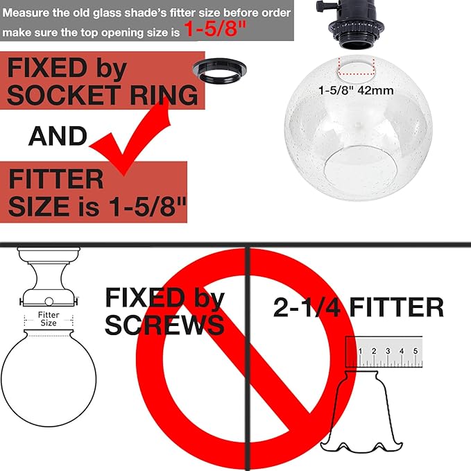 Glass Lamp Shade Replacement Globe for Light Fixture, 1-5/8 inch Fitter, 7.1" Diameter, 6.3" Height, Clear Seeded Bubble Effect Glass Cover