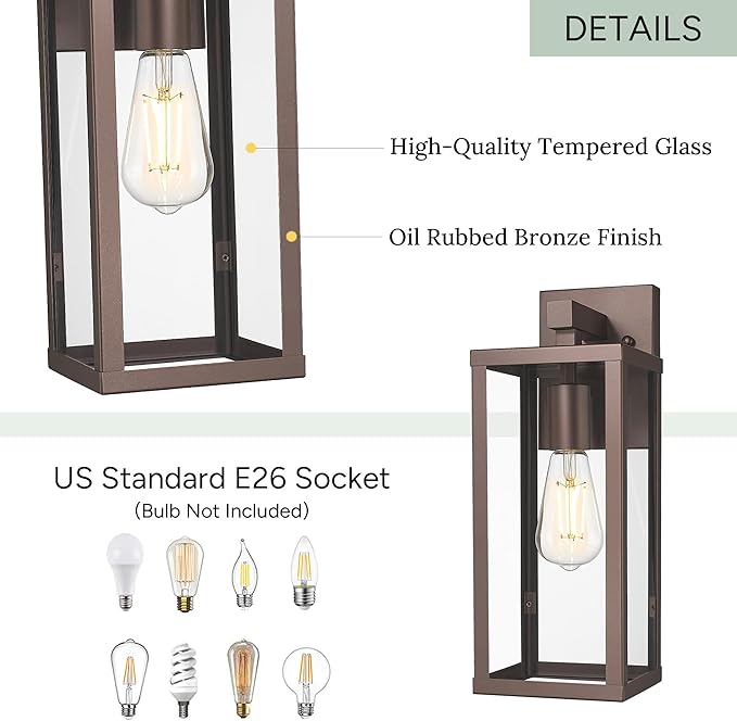 Outdoor Wall Light with Clear Glass, Anti-Rust Exterior Wall Sconce, Weather Resistant Outdoor Lantern, Exterior Lighting for Porch, Patio, Garage, Entryway (Oil-Rubbed Bronze, 15.5" Height-1 Pack)