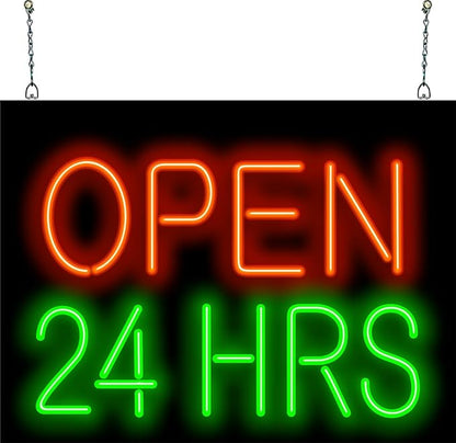 Open 24 Hours Neon Sign - 24" wide x 18" high - Real, Quality Hand Bent Neon - Red & Green Letters