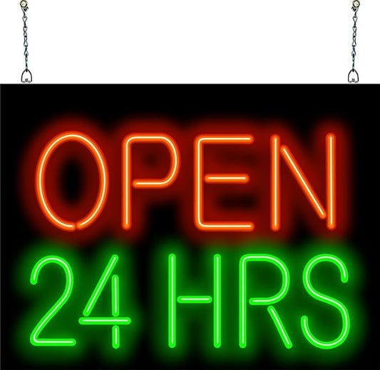 Open 24 Hours Neon Sign - 24" wide x 18" high - Real, Quality Hand Bent Neon - Red & Green Letters