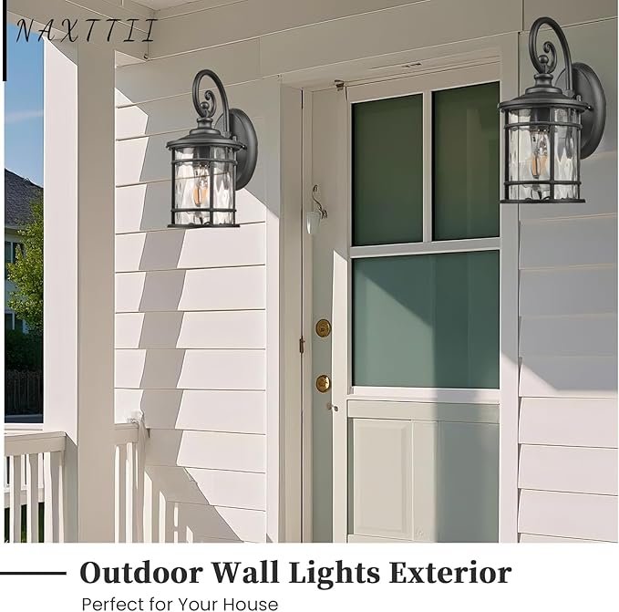 Outdoor Wall Lamps Exterior Waterproof Wall Sconce Light Fixture with Water Ripple Glass Die-Casting Aluminum Black Waterproof Wall Mount Light for Porch Garage Yards