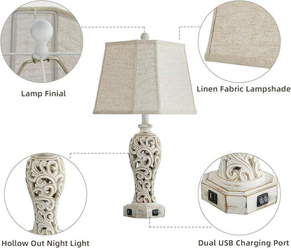 25'' Farmhouse Table Lamp for Living Room Bedroom, 2 USB Ports Vintage Rustic Nightstand Desk Lamp with Nightlight, White Hollow Out Resin Lamp for End Table (Bulb Included)