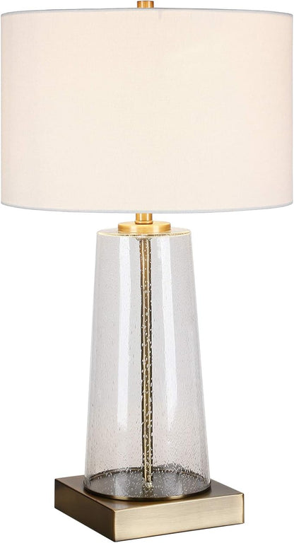 Dax 27.5" Tall Table Lamp with Fabric Shade in Seeded Glass/Brass/White