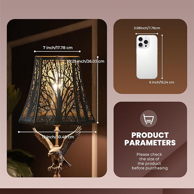 Square Cut Corner Metal Lamp Shades, 7" Top x 12" Bottom x 10.5" High Medium Bell Lampshade (Spider Fitter), Etched Forest Lampshades for Table Lamps and Floor Lamps, Bronze Gold Tree Pattern