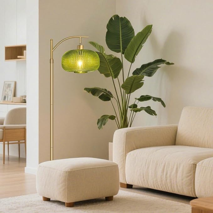 Modern Floor Lamp for Living Room, Mid Century Tall Standing Lamp Green Glass Lamp Shape, Dimmable Gold Tall Pole Lamp for Bedroom Office with Remote, 1 x 12W LED Edison Bulbs Included