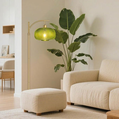 Modern Floor Lamp for Living Room, Mid Century Tall Standing Lamp Green Glass Lamp Shape, Dimmable Gold Tall Pole Lamp for Bedroom Office with Remote, 1 x 12W LED Edison Bulbs Included