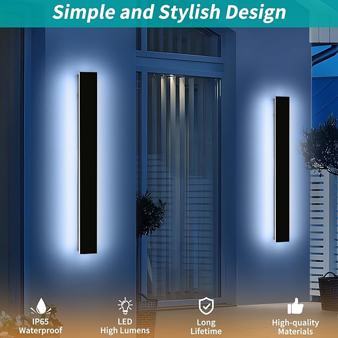 Mikeru 39.3" 2Pack Outdoor Wall Sconce 6000K Cool White - IP65 Waterproof Black Exterior Light, Hardwired Wall Mounted Fixture for Porch, Patio & Entryway | Non-Dimmable Weatherproof Design