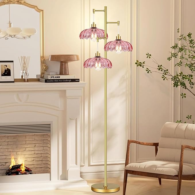 Pink Floor Lamp for Living Room,Bedroom,Gold Mid Century Modern Standing Lamp Brass Tree 3 Light Tall Floor Lamps Vintage Retro Floor Lights Glass Flower Lamp Shade Farmhouse Boho Bohemian