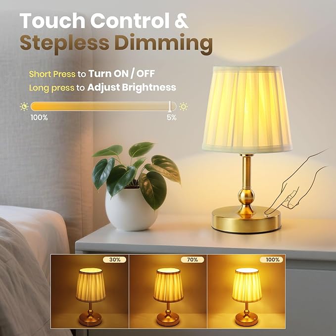 Cordless LED Table Lamp with Dimmer - 5200mAh Rechargeable Battery Operated Lamp Included 2700K Bulb, Gold Portable Stepless Touch Night Light for Bedroom Patio Home (Pleated Fabric Shade)