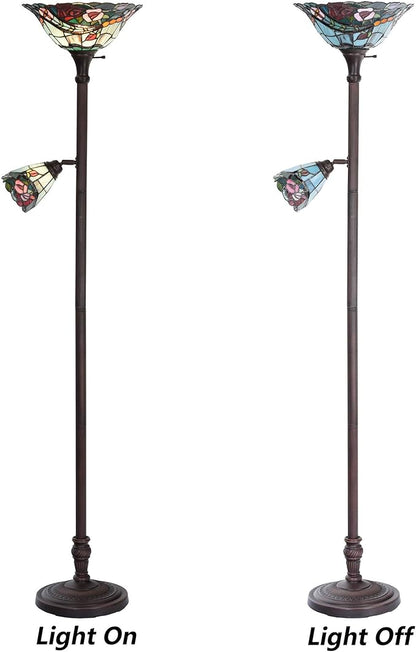 Bieye L10739 Rose Flower Tiffany Style Stained Glass Torchiere Floor Lamp with Sidelights for Reading Home Decor, 70-inch Tall