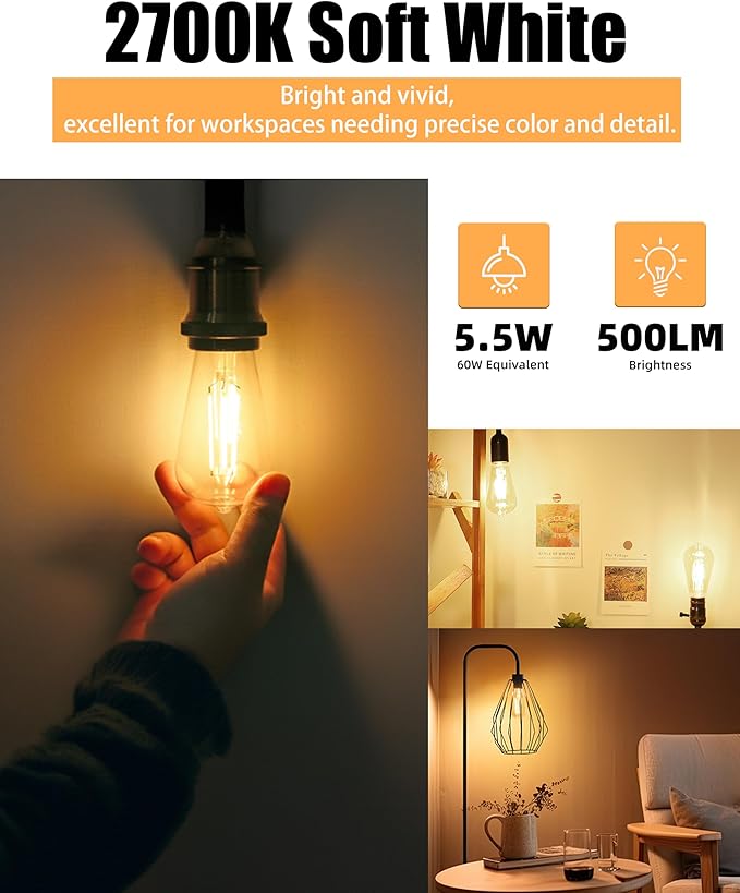 Lumiverse Dimmable Edison Bulbs 60 Watt LED, 2700K Soft White, Antique Style ST19/ST58 LED Filament Bulbs, E26 Base LED Bulb 5.5W, Clear Glass, Pack of 36