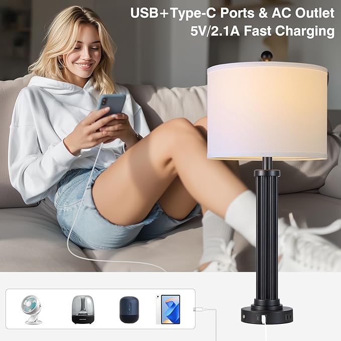 28" Tall Modern Table Lamps Set of 2 with USB C+A Ports and AC Outlet, 3 Way Touch Metal Bedside Lamps for Living Room, Black Nightstand Lamps for Bedroom