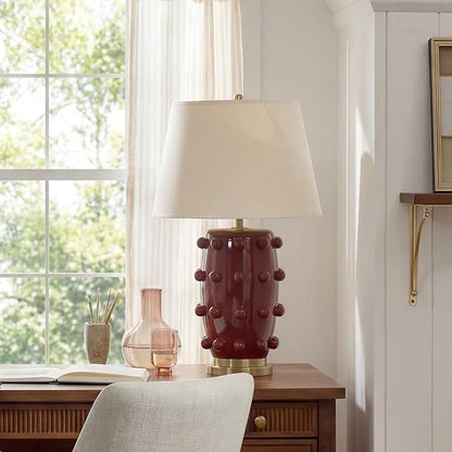 Modern Ceramic Linden Table Lamp - 30" White Ball Farmhouse Design, Classic Nightstand Large Linden Lamp Tapered Drum Shade for Living Room, Bedroom, Office, and Home （Wine Red）