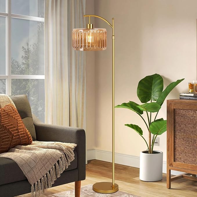 Glass Floor Lamp for Living Room,Bedroom,Gold Mid Century Modern Standing Lamp with Remote,Dimmable Brass Tall Lamp Amber Flower Lamp Vintage Floor Lamps Arc Floor Light Boho Bohemian