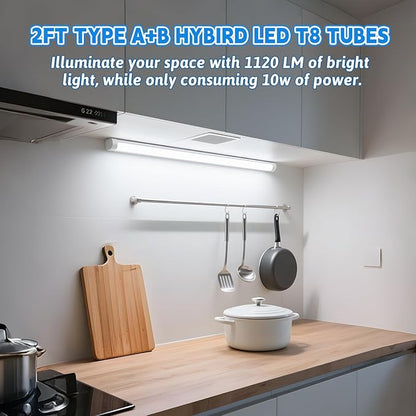 Romwish 24 Inch T8 LED Tube Light, 10W(24W Equiv.), 1120LM, 5000K Daylight, Type A+B Plug & Play or Ballast Bypass, F17T8 Fluorescent Replacement, Double-Ended Power, Under Cabinet Light, 12 Pack