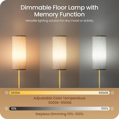 Dimmable Floor Lamps for Living Room with Remote and Foot Switch, 64.4” Modern Standing Tall Lamp, Corner Lamp for Bedroom, Bulb Included, 3000K-6500K, White and Gold, FCC Listed DW06LD05W1