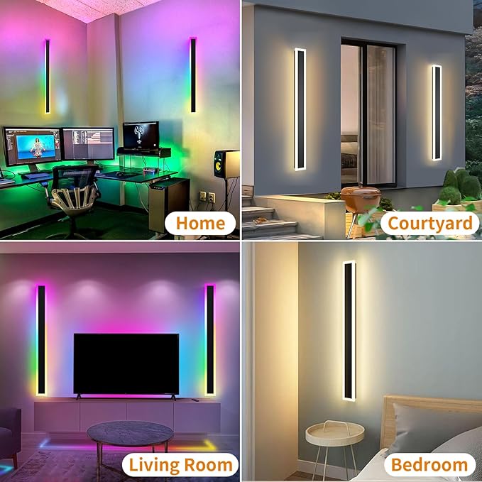 2 Pack Outdoor RGB Long Wall Lights, 70.8inch Wall Lights RGB/Warm/White Dimmable Modern Led Wall Lighting, Ip65 Waterproof Wall Sconce with Remote APP Control for Outdoor/Indoor Party Gathering