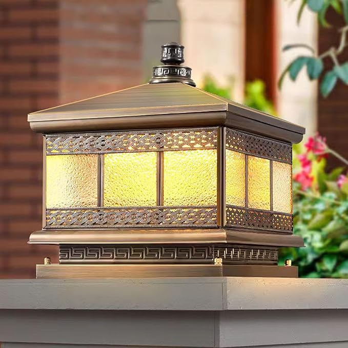 All Copper Steel Glass Outdoor Post lights, Waterproof Pillar Light, Vintage Patio Lawn Column Lamp,outdoor column lights,Deck Lights, Lantern Fence Lamp Fixture E26 Base (Diamond glass, 10X10IN)