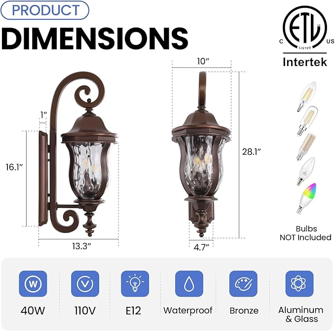 Coffee Exterior Wall Sconces, 28" H Large Outdoor Wall Light Fixtures with Water Glass, Waterproof Outdoor Lights Wall Mount with Decorative Patterns for Porch, Front Door